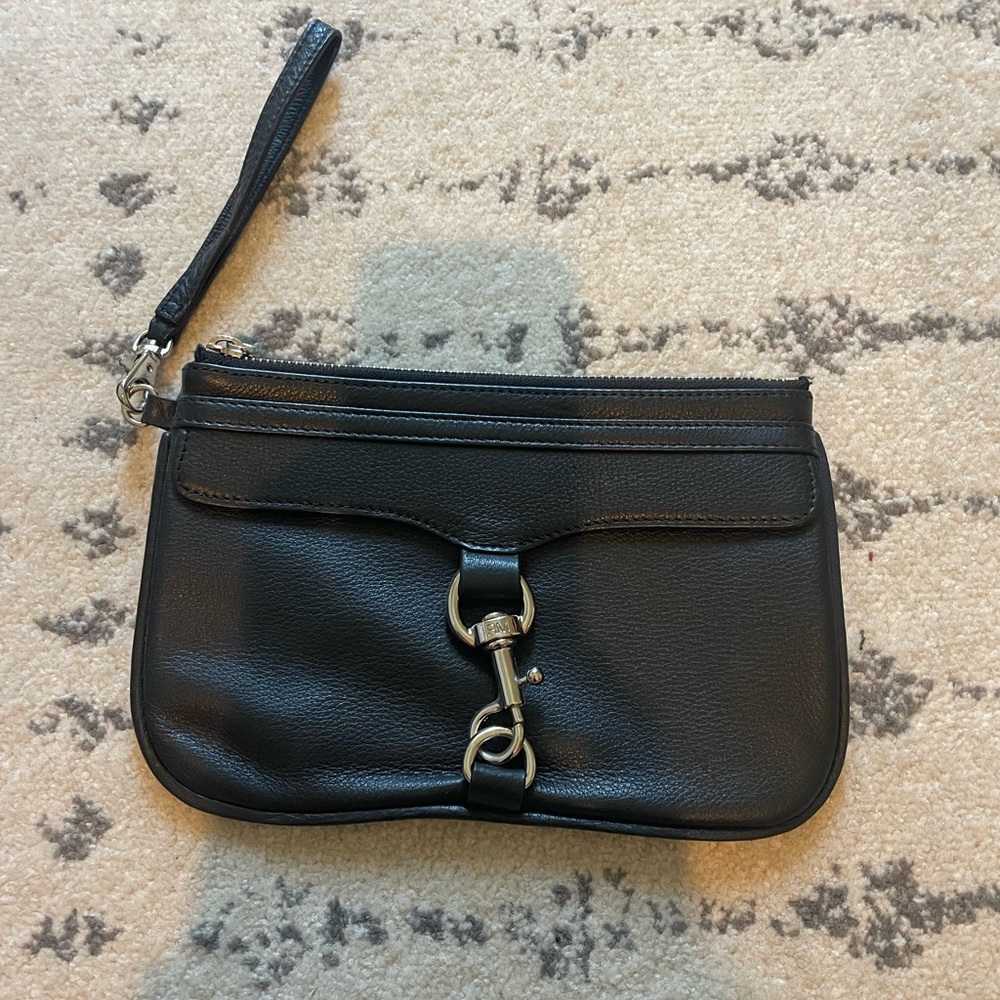 Rebecca Minkoff black wristlet clutch with silver hardware.